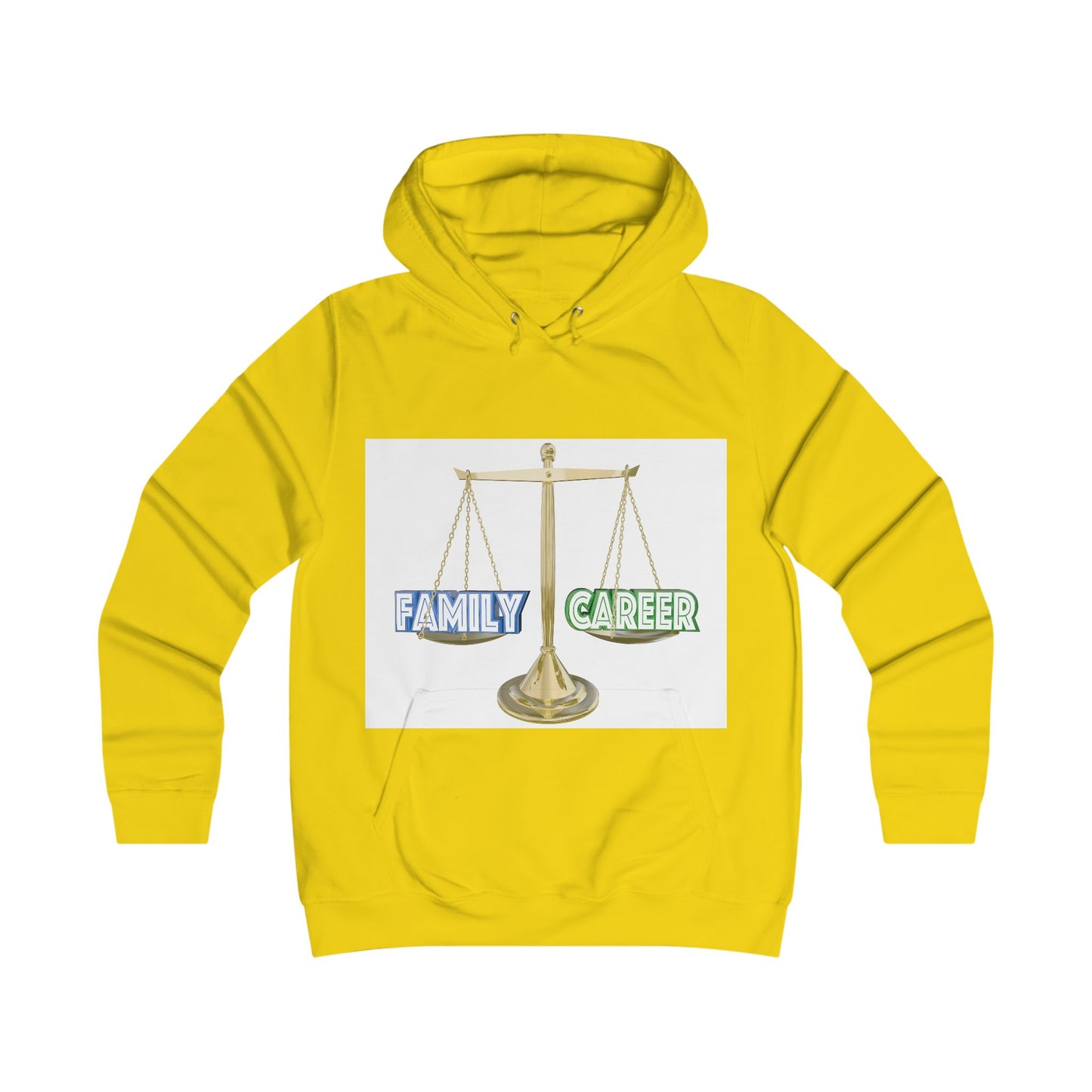 Chic Balance Hoodie - Family & Career Scale Graphic, Cozy Sweatshirt, Inspirational Gift, College Apparel, Casual Comfort, Yellow Fashion