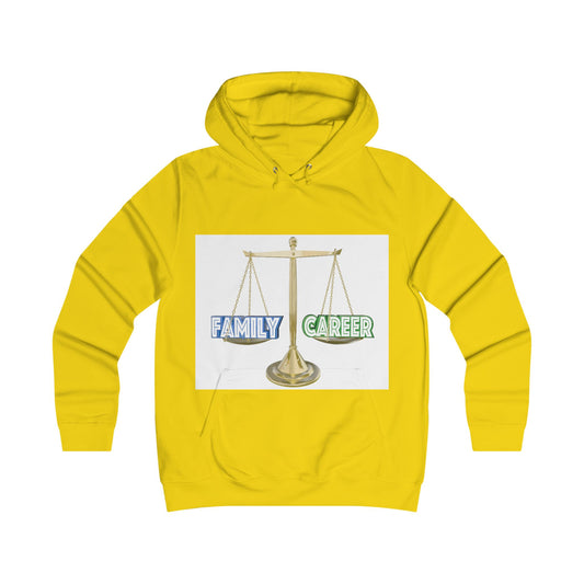 Chic Balance Hoodie - Family & Career Scale Graphic, Cozy Sweatshirt, Inspirational Gift, College Apparel, Casual Comfort, Yellow Fashion